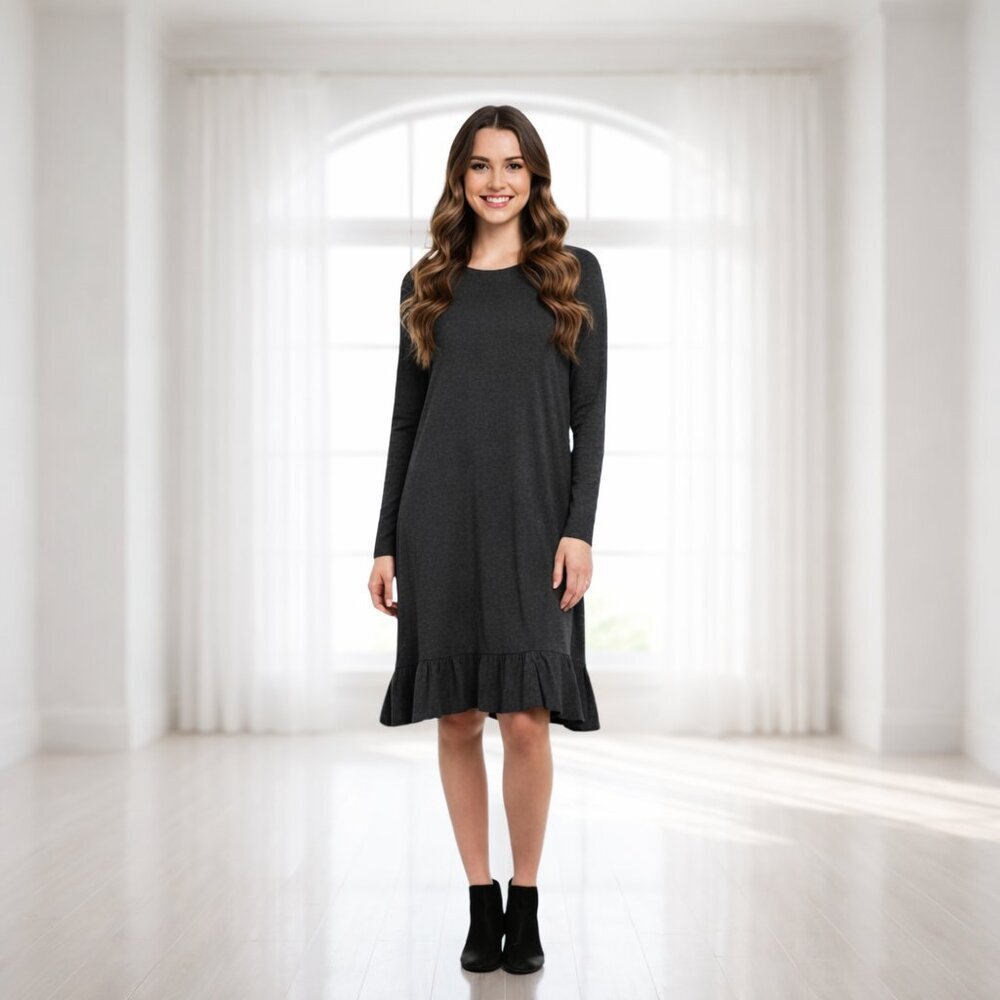 Zara Trafaluc Gray Long Sleeve Ruffle Hem Shift Dress Cotton Blend Casual Comfy